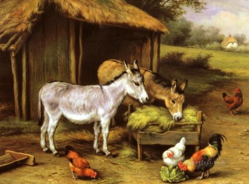  Futter Kunst - Hühner und Esel Fütterung außerhalb einer Scheune Bauernhof Tiere Edgar Hunt